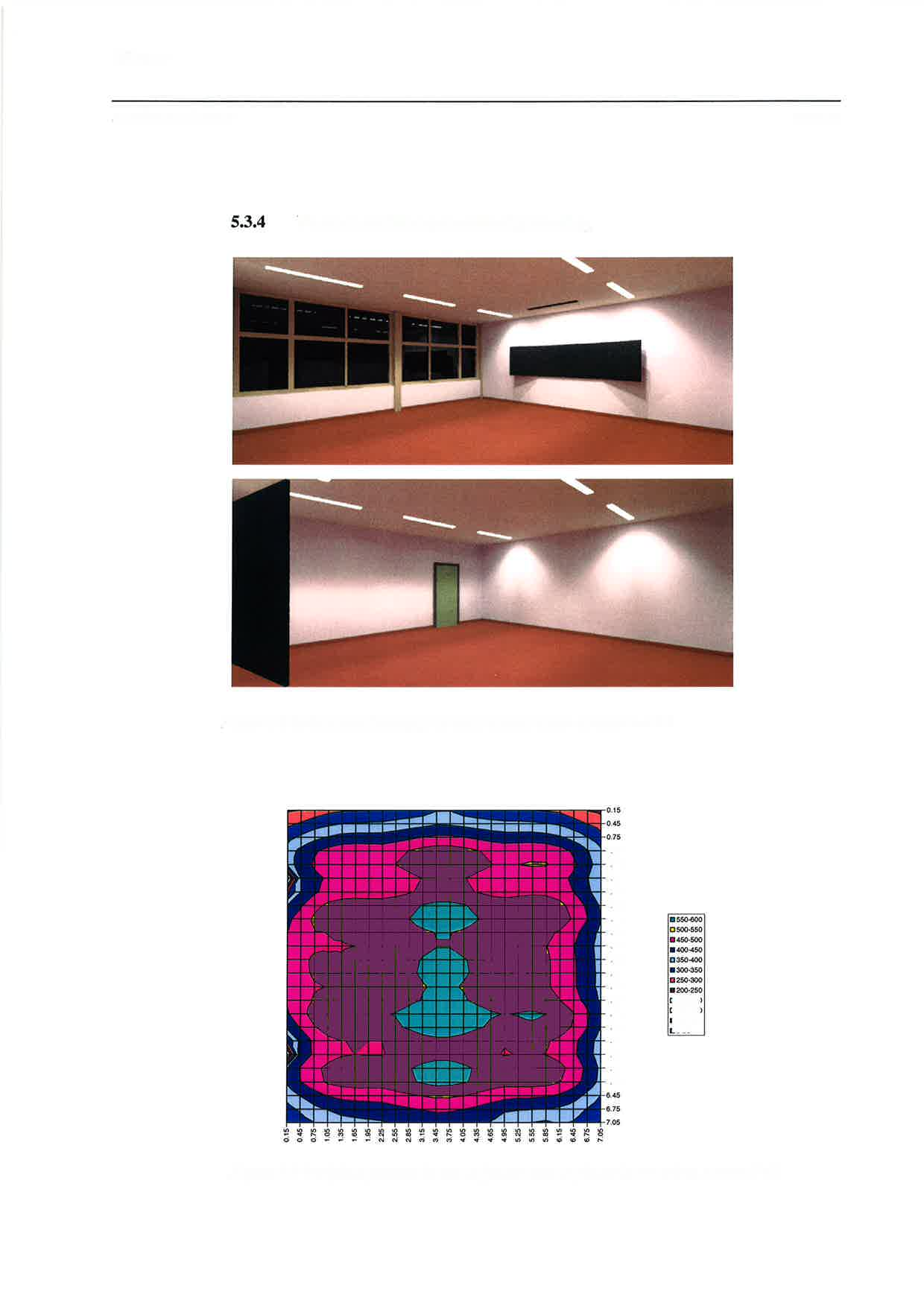 TNO-rapporl 2000-cBo-R002 GTSDNA?2van29 Variant met T5 en normale afscherming Figuur 5.7 Schoollokaal normaal verlicht volgens nieuw concept met 75.