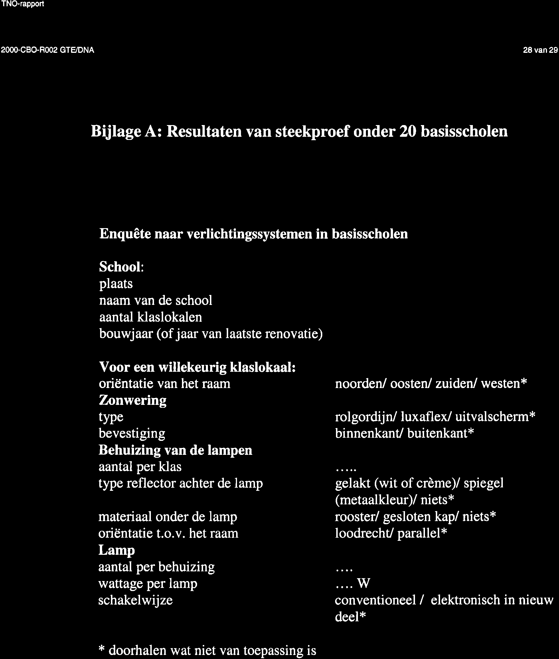 TNO-rapport 2OOO-CBO-ROO2 GTÉDNA 28vaî29 Bijlage A: Resultaten van steekproef onder 20 basisscholen Enquête naar verlichtingssystemen in basisscholen School: plaats naíìm van de school aantal