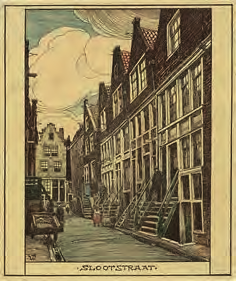 Boven: Iemand als Ludwig Willem Reymert Wenckebach kon nog wel het karakteristieke van de Slootstraat zien via deze tekening van de Slootstraat in 1905.