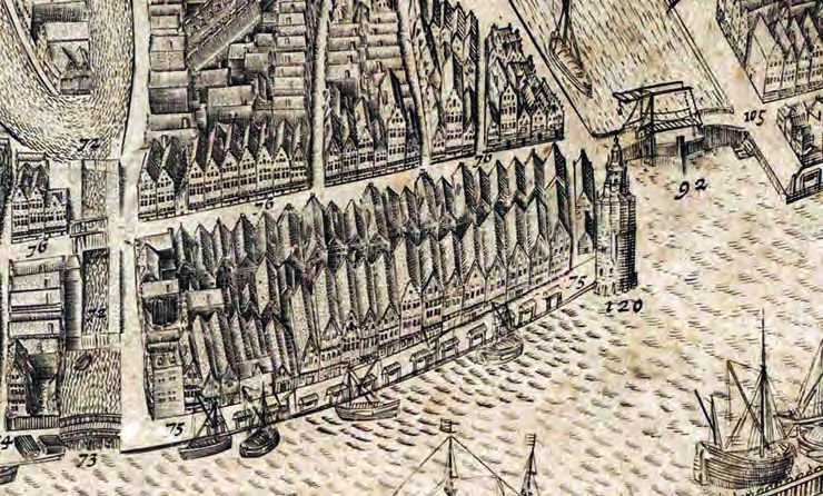 in Amsterdam geïllustreerd te krijgen. Steevast komt de tekening van Claes Jansz. Visscher op de proppen, met een rij houten huizen, volgens het bijschrift aan de Nieuwezijds Voorburgwal (vorige pag.