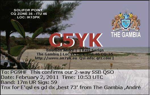 QSL kaarten -QSL kaart uit " THE GAMBIA". C5YK heb ik gewerkt op 2 Feb. jl. op 17 mtr.