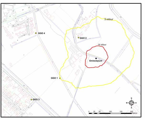 4 Resultaten en conclusie 4.1 VERGUNDE SITUATIE In de onderstaande kaart zijn de geurcontouren in de bestaande situatie weergegeven.