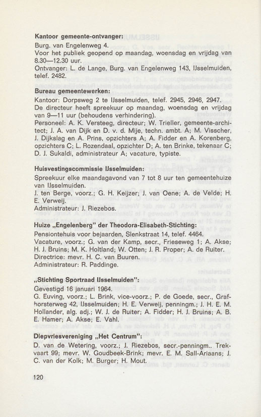 Kantoor gemeente-ontvanger: Burg. van Engelenweg4. Voor het publlek geopend op maandag, woensdag en vrudag van 8.30-12.30 uur. Ontvanger: L. de Lange, Burg. van Engelenweg 143, Ilsselmuiden, telef.
