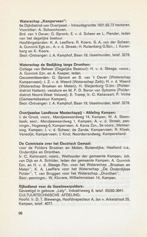 Waterschap "Kamperveen": ge Dijkdistrict van Overijssel. - Inhoudsgrootte 1931.62.73hectaren. Voorzitter: A. Schoonhoven. Brd. van 't Oever; G. Spronk; E. v. d. Scheer en L.
