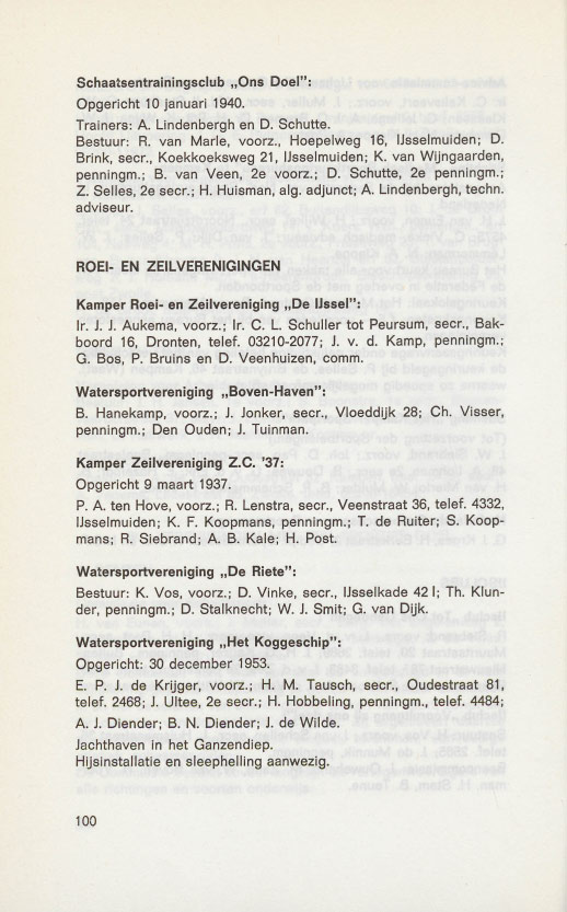 Schaatsentrainingsclub "Ons Doel": Opgericht 10 januari 1940. Trainers: A. Lindenbergh en D. Schutte. Bestuur: R. van Marie, voorz., Hoepelweg 16, I1sselmuiden; D. Brink, secr.