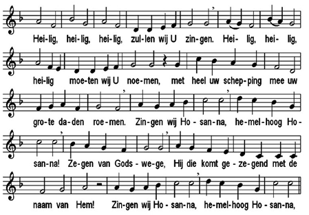 De kinderen komen terug uit de kindernevendienst Mededelingen Dienst van de Tafel Dankgebed en voorbeden, telkens afgesloten met: V.: Dat bidden wij in uw Naam. g.: Heer hoor ons.