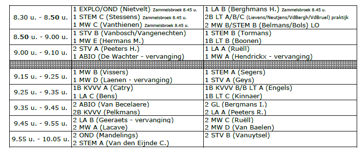 Verantwoordelijke klassenlijsten: H. Berghmans 1 e lesuur 2 MW B E. Eurlings 2 e lesuur 2 MW B L. Luyckx speelplaatstoezicht van 10.05 u. tot 10.20 u. door B.