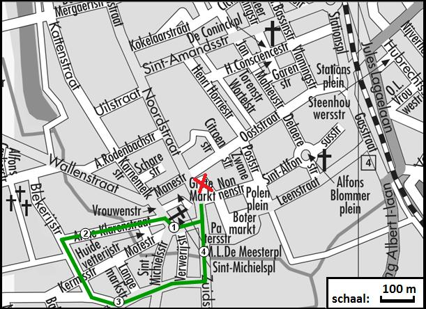 ROUTE 1 ROUTEBESCHRIJVING Ga richting Zuidstraat, neem onmiddellijk de eerste straat rechts. Je komt op het Sint- Michielsplein. Naast de Sint-Michielskerk vind je een schaalmodel van de kerk.