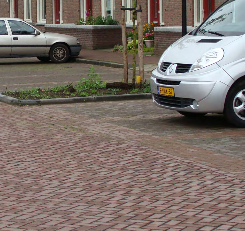 De groene omkadering met een haag en de enkele boom geven de parkeerhoven een groene uitstraling.