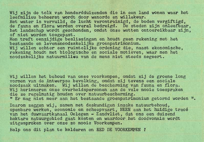 Tekst uit een pamflet van het actiecomité Red de Voorkempen (Amsab-ISG, Gent) tweede goederenspoorlijn voor de haven, langs de ring (R1) in Antwerpen, samen te brengen in Red de Voorkempen.