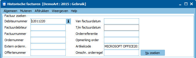 Indien u een artikel-offerteregel heeft geselecteerd wordt ook meteen de artikelcode ingevuld bij het zoeken in de factuurhistorie. 3.
