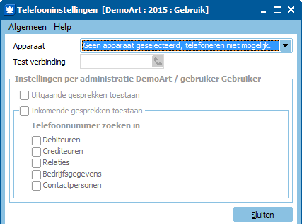 Als de TAPI-driver van uw telefooncentrale is geïnstalleerd en geconfigureerd kunt u in dit venster uw Apparaat selecteren.