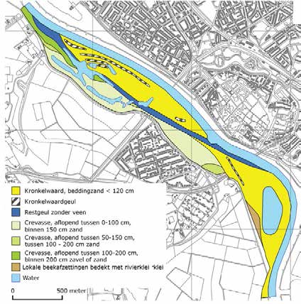 Afb. 34h. Terreinvormen op de kaart van de Universiteit Utrecht [uit: 93]. Afb. 34i. Geologisch profiel door de Ossenwaarden [uit: 93].