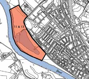 Afb. 35f. De ligging van het onderzoeksgebied van vindplaats 11/13 [uit: 236]. Risicozones F en H betrof de oostelijke en westelijke restgeul van de IJssel die al voor 1560 was verlaten.