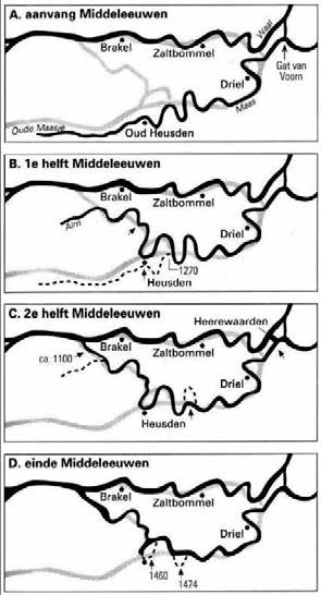 Afb. 8f. Middeleeuwse ontwikkeling van de Maas [uit: 155].