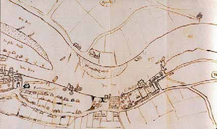 Afb. 20e. Huis Hulkestein in 1557 met het havengebied van Arnhem. De kaart is zuid-noord georiënteerd, centraal gelegen is de Rijn. Boven de Rijn is de bewoning in het plangebied zichtbaar [uit: 57].