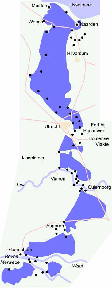 Afb. 25-30c. De Nieuwe Hollandse Waterlinie tussen Naarden en Gorinchem met de ligging van de inundatievlakten (blauw) en de forten (zwarte stip) [Bron: Niels Bosboom].