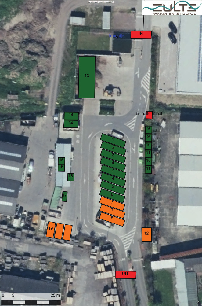 Plannetje containerpark IN UIT BETAALTERMINAL WATERKRAANTJE 1. autobanden - gratis 2. metaal - gratis 3. vlak glas - gratis 4. houtafval - gratis 5. asbest - gratis (max. 5 platen) 6.