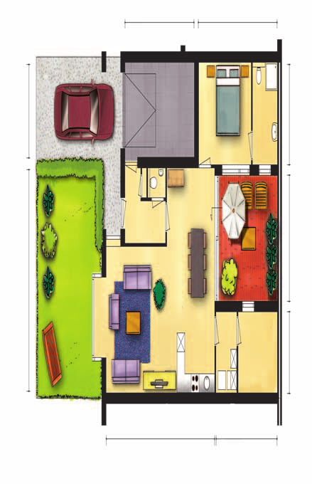 De Groene Slagen-II Type C bouwnr. 18 afgebeeld, sfeerimpressie Woningtype C 18 (patio) 1. Entree 2. Keuken 3. Woonkamer 4. Slaapkamer 5.