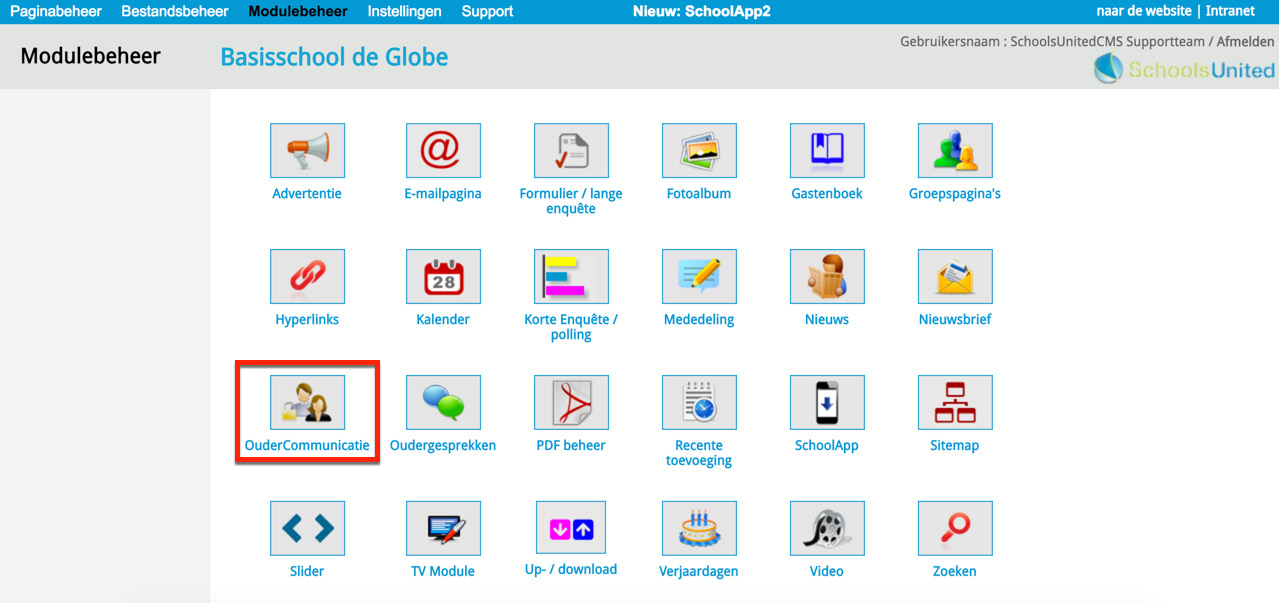 In modulebeheer kies je OuderCommunicatie en
