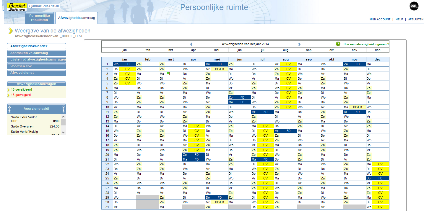 5. Verlof of terugname van overuren aanvragen 5.. Datum kiezen De gewenste verlofperiode aanduiden kan op twee manieren: Mogelijkheid : Links klik je op het tabblad Afwezigheidskalender.