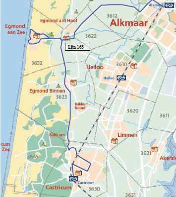 Lijnen 164 en 165 Lijn 164 rijdt van Castricum naar Heiloo via Egmond. Lijn 165 rijdt van Egmond naar Alkmaar. Beide lijnen rijden 2 x per uur De bedieningsperiode is globaal van 6:00 tot 23:00 uur.