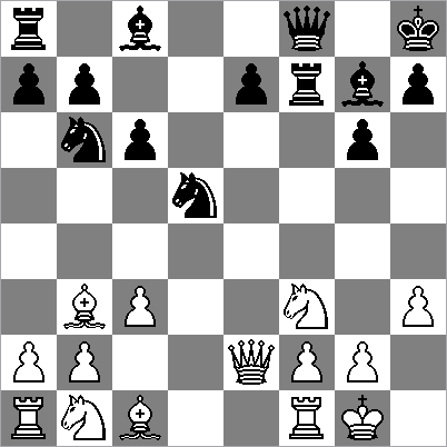 lastig is voor zwart. Hij kan beide pluspionnen niet goed dekken en krijgt bovendien een aanval op zijn dak. Het beste lijkt nu 18...Dd7! 19.Dxh7 De6 20.Lxg6+ (20.Dxg6+ Dxg6 21.