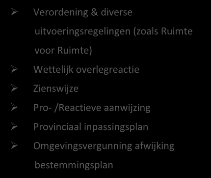 Voor de uitvoering van de structuurvisie staat de Provincie het ruimtelijk ordeningsinstrumentarium ter beschikking, maar ook andere instrumenten die een ruimtelijke impact