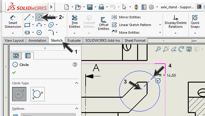 Klik in de CommandManager op Sketch, en daarna op