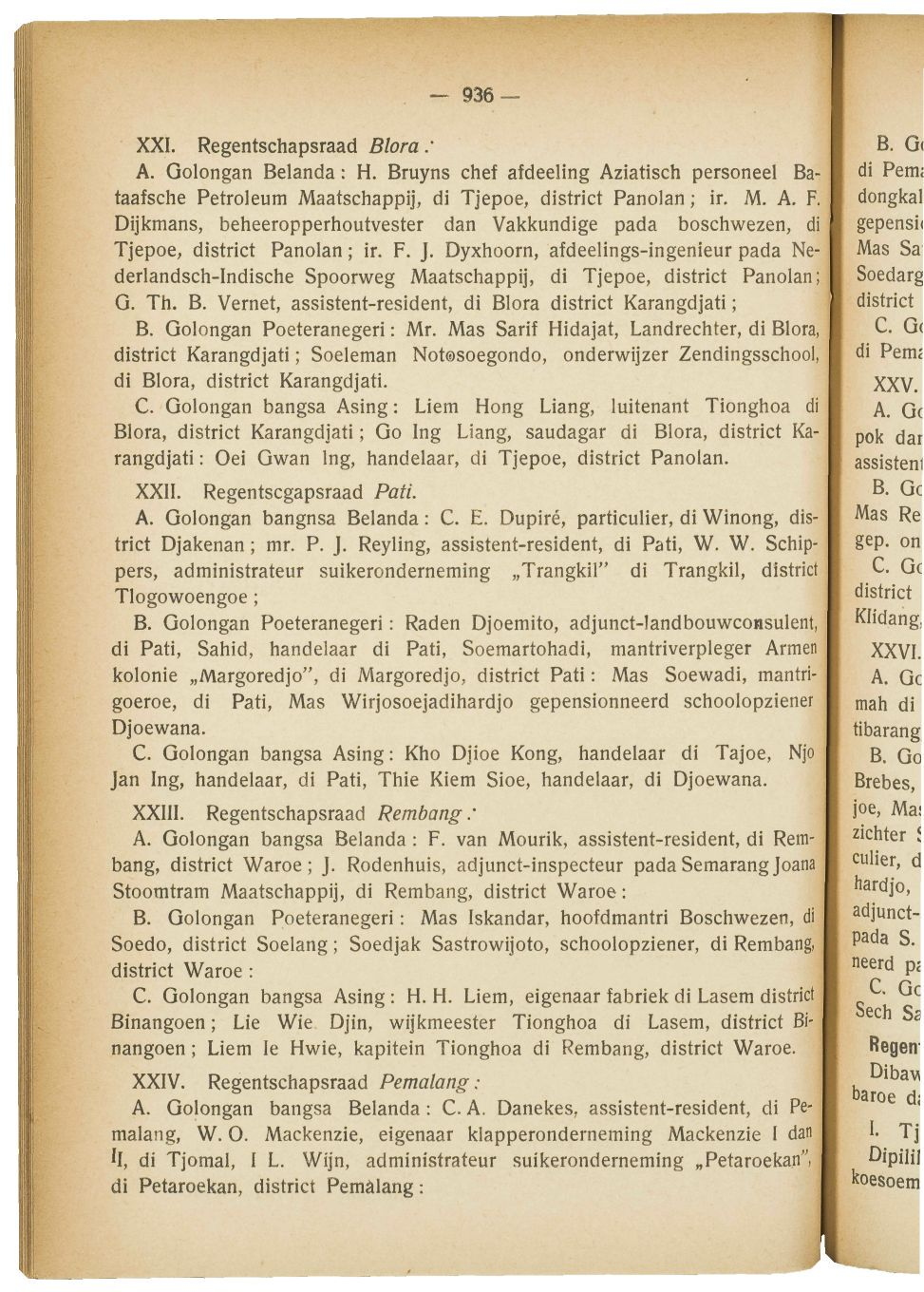 I 936 XXI. Regentschapsraad Blora.' A. Golongan Belanda: H. Bruyns chef afdeeling Aziatisch personeel Bataafsche Petroleum Maatschappij, di Tjepoe, district Panolan; ir. M. A. F, Dijkmans, beheeropperhoutvester dan Vakkundige pada boschwezen, di Tjepoe, district Panolan; ir.