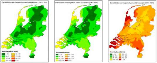 Gemiddelde neerslagtekorten in het huidige klimaat, en in 2050 bij scenario G en W+ bron: Deelprogramma Zoetwater.