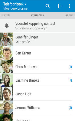 120 Contacten Contacten Je lijst met contacten De toepassing Contacten toont alle contacten op je HTC One en van de online-accounts waarbij je bent aangemeld.