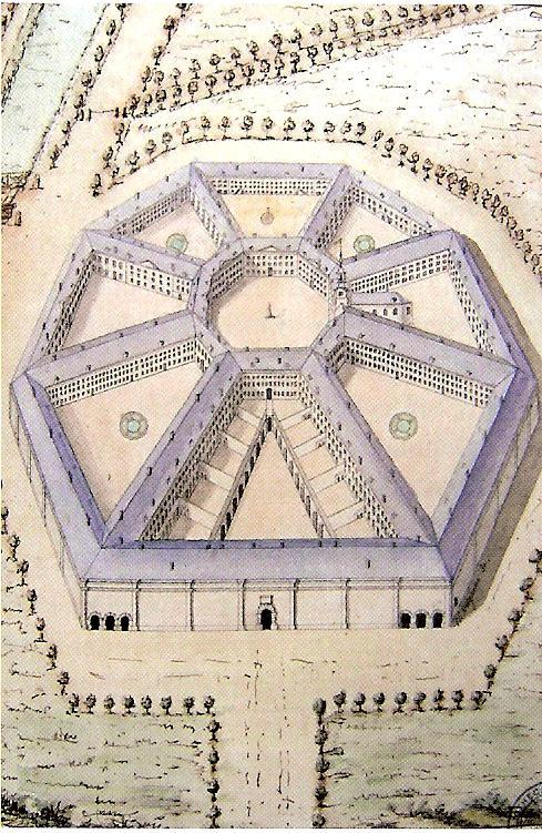 De rijksgevangenis werd gebouwd tijdens de Oostenrijkse tijd rond 1772. Rechts zei je het Rasphuis. Het bestaat uit 8 delen.