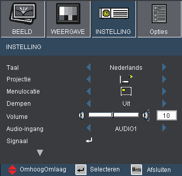 Bedieningselementen gebruiker INSTELLING Menulocatie Selecteer de locatie van het menu op het weergavescherm. Dempen Kies Aan om het dempen in te schakelen. Kies Uit om het dempen uit te schakelen.