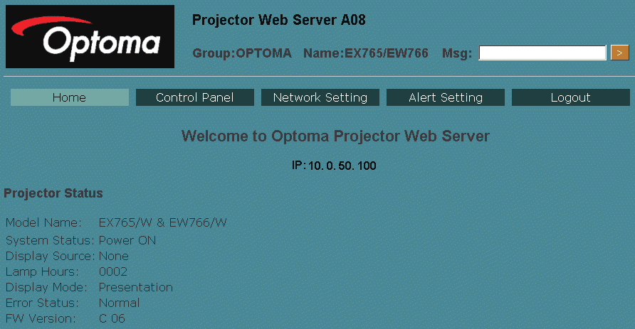Bedieningselementen gebruiker Toegang tot de projector via de webbrowser 1) Open uw webbrowser en voer het IP-adres van de projector in (in