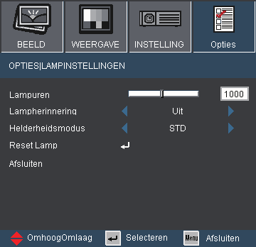 Bedieningselementen gebruiker OPTIES Lampinstellingen Lampuren Toont het totale aantal lampuren.