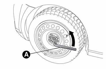 gebruik sleutel A fig. 118 om de wielbouten ongeveer één slag los te draaien; plaats de krik onder de auto, nabij het te verwisselen wiel.