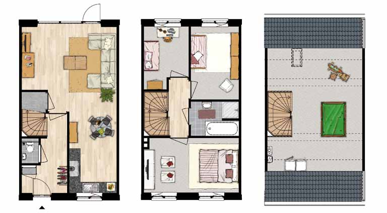 De twee opeenvolgende woningen hebben dezelfde bouwstijl en worden wit geschilderd. Het verschil zit m in het puntdak met zolderraam van de linkse woning, waar de rechtste een schuin dak heeft.