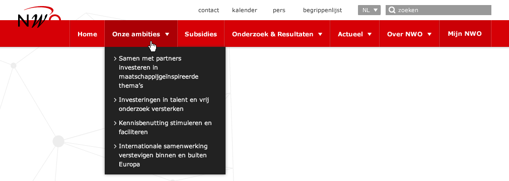 Functionele onderdelen Header A Logo A B A C 1 A D B Generieke navigatie A A C 1 Taal switch A E C 2 D E F Taal switch uitgeklapt Zoek