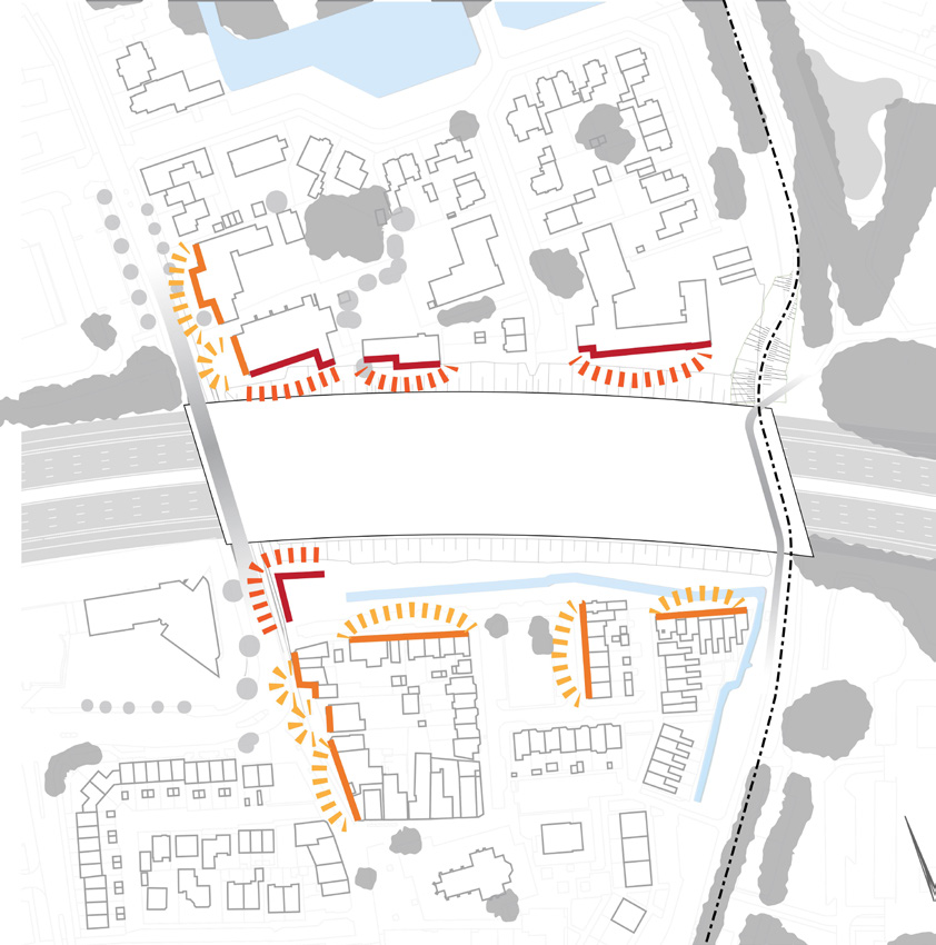 Amstelveen; logische aansluitingen op bestaande routes naar kap; de kap laten fungeren als voorkant voor omliggende woningen, functies en