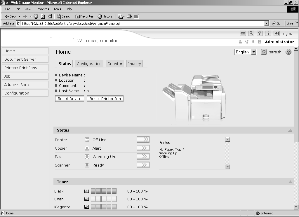 De printer volgen en configureren Beheerdermodus In de beheerdermodus, kunt u diverse apparaatinstellingen configureren. ZZZ04S 1.