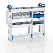 brede S-BOXX T-BOXX op PVC geleiders Stalen koffer op kofferlade 2 Vloerprofielen met valkleppen 2 Vakkenrekken met verdeelschotten en 2 Schuifladen 2 L-BOXXen op één kofferlade Legbord met 4