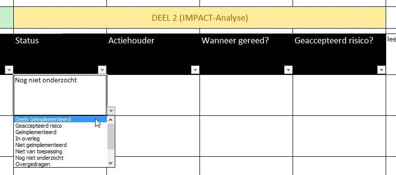 5 Invullen spreadsheet deel 2 (Impactanalyse) In de kolommen van deel 2 van het tabblad Vragenlijst kan men de ontbrekende of onbekende maatregelen verder onderzoeken en een managementrapportage