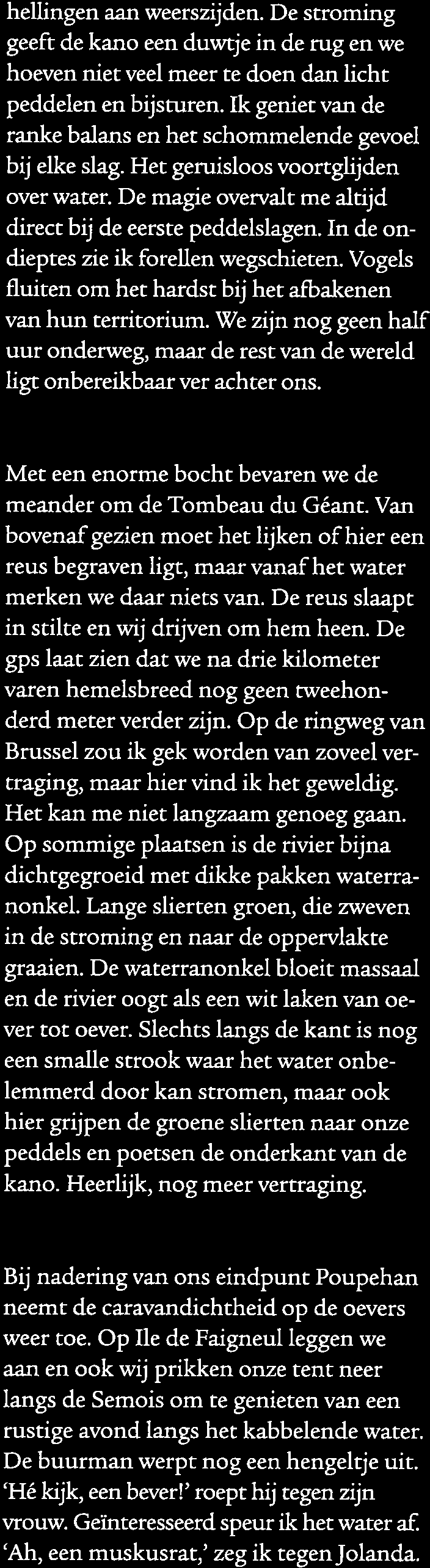 Met mijn armen maak ik een gebaar alsof ik de krant opensla. 'Ah, un canoë pliant.' Ja natuurlijk, dat ik dat zelf niet wist.