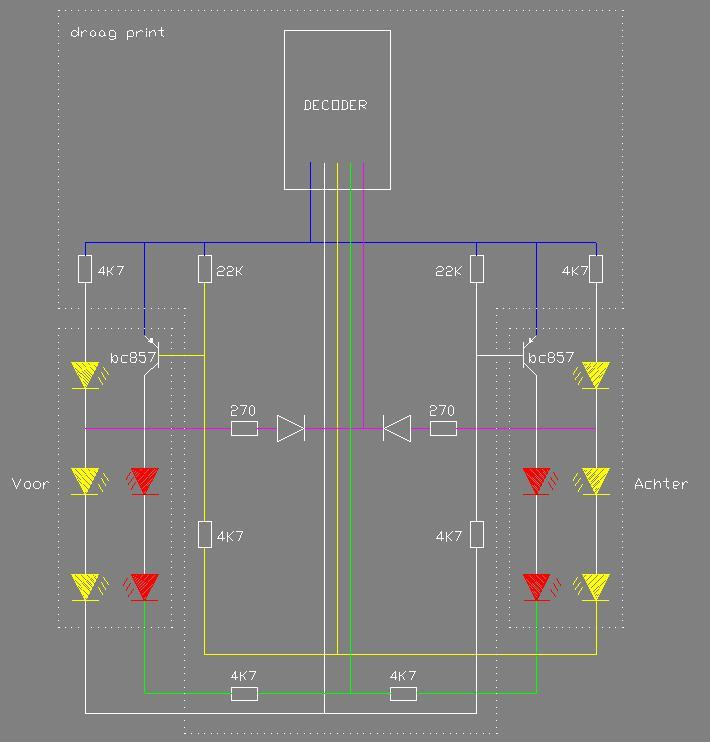 Om de verlichting te realiseren moeten er twee printjes gemaakt worden met elk 3 witte en twee rode leds.