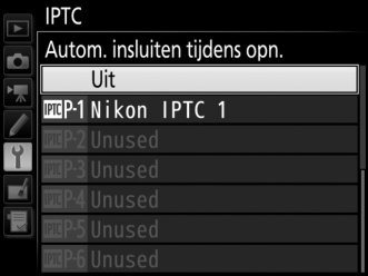 IPTC G-knop B setup-menu IPTC-voorinstellingen kunnen op de camera worden aangemaakt en worden toegevoegd aan nieuwe foto s, zoals hieronder beschreven.