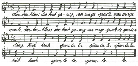 45 4. De zie, de loch en e meuleke } bis Wie rijmp ziech dat tesaam? } bis In de zie dao kin me baje In de loch dao vlege de kraaie En op e meuleke kin me lekker draaie En zoe rijmp ziech dat tesaam.