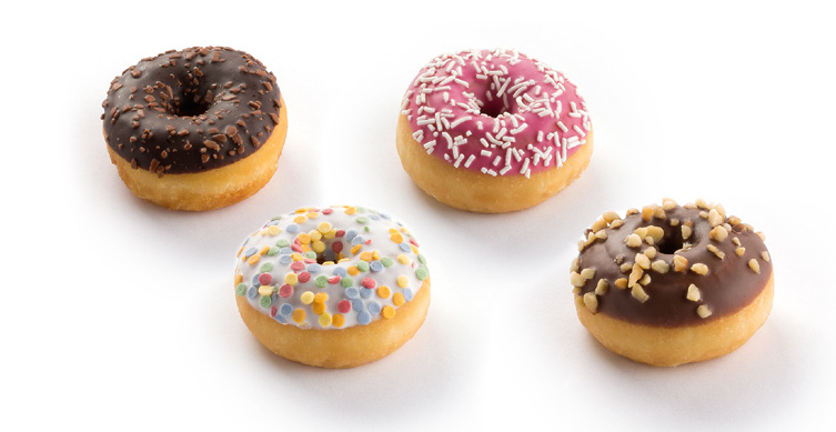 5001502 MINI DOUGHNUT FANCY MIX 18-23 g 4 x 7 x 4 st/krt 104 krt/pal Ontdooien 22 C 30 - Assortiment van mini donuts, bestaande uit: 28 mini donuts met aardbeienconfituur en roze glazuur, 28 mini