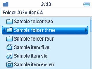 4.10Mappenoverzicht De speler ondersteunt ook database- en bladerfunctie Folder view. De Folder view toont de inhoud van het apparaat. De structuur die u ziet lijkt op de mappen een pc. 4.10.1 Uw bestanden openen Gebruik de 2 toets of de 2; toets om de bestanden vanuit de Folder view te bekijken of weer te geven.