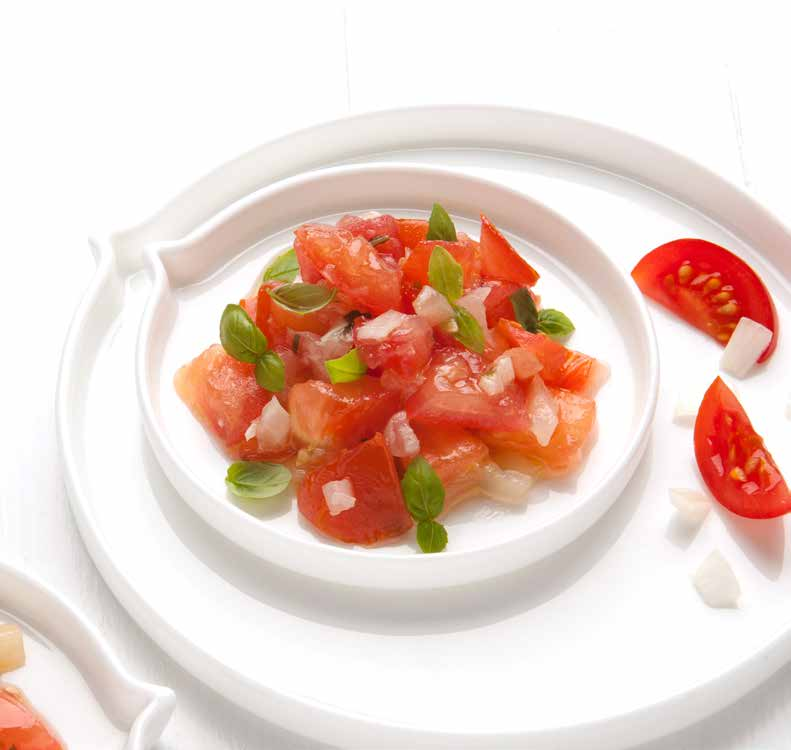 BRUSCHETTA MEDITERRAANS Geraffineerd gekruide tomatencompositie van aromatische tomatenblokjes, gestoofde uien en knoflook. Met typisch Italiaanse kruiden fijn op smaak gebracht.
